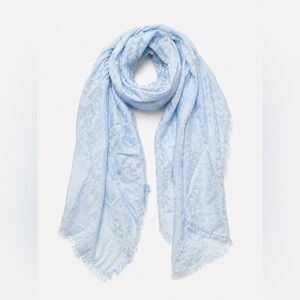 Tory Burch Light Blue Silk Blend Logo Jacquard Scarf Made in France